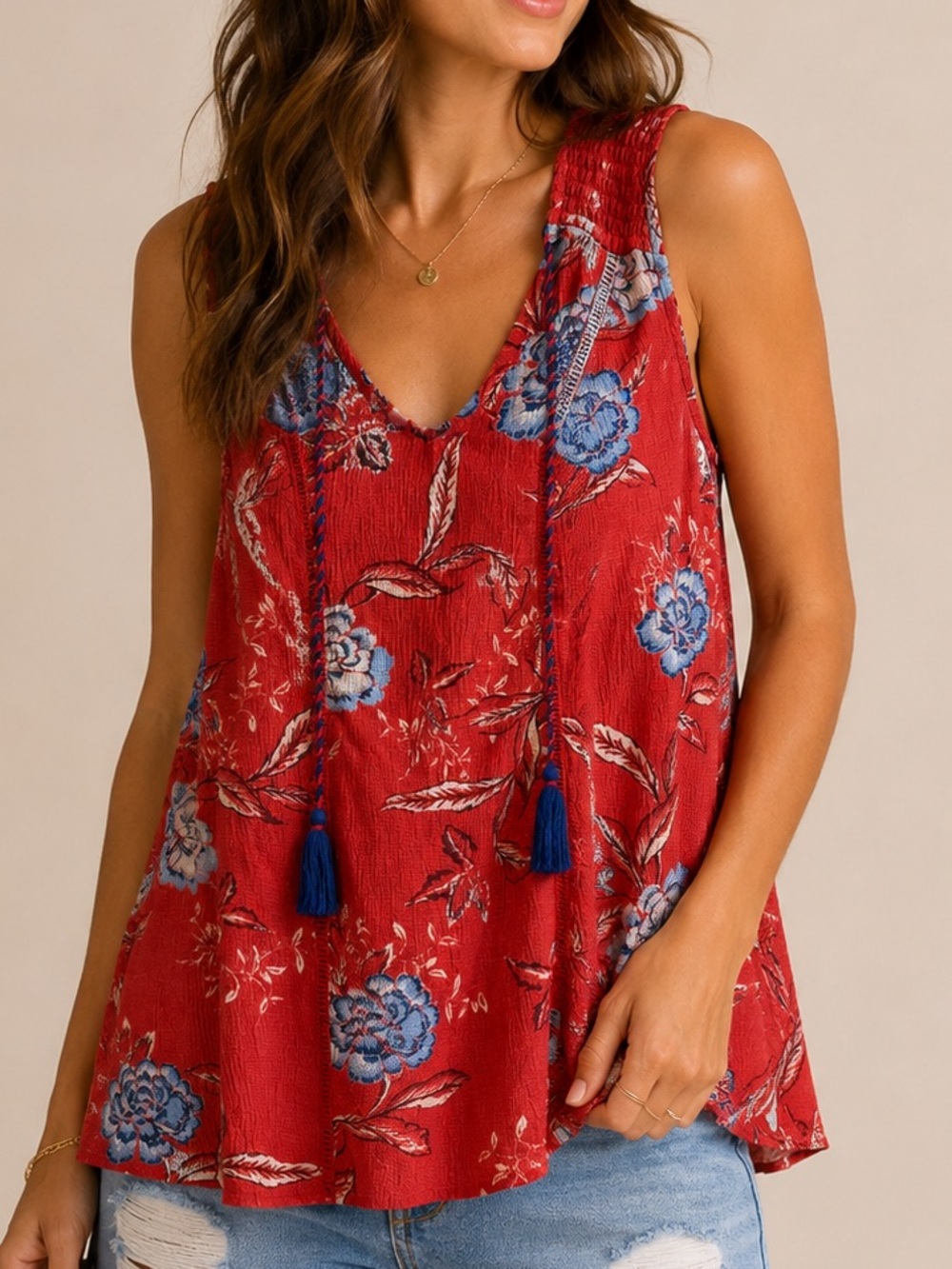 Knox Rose Red Floral Tassel V-Neck Tank